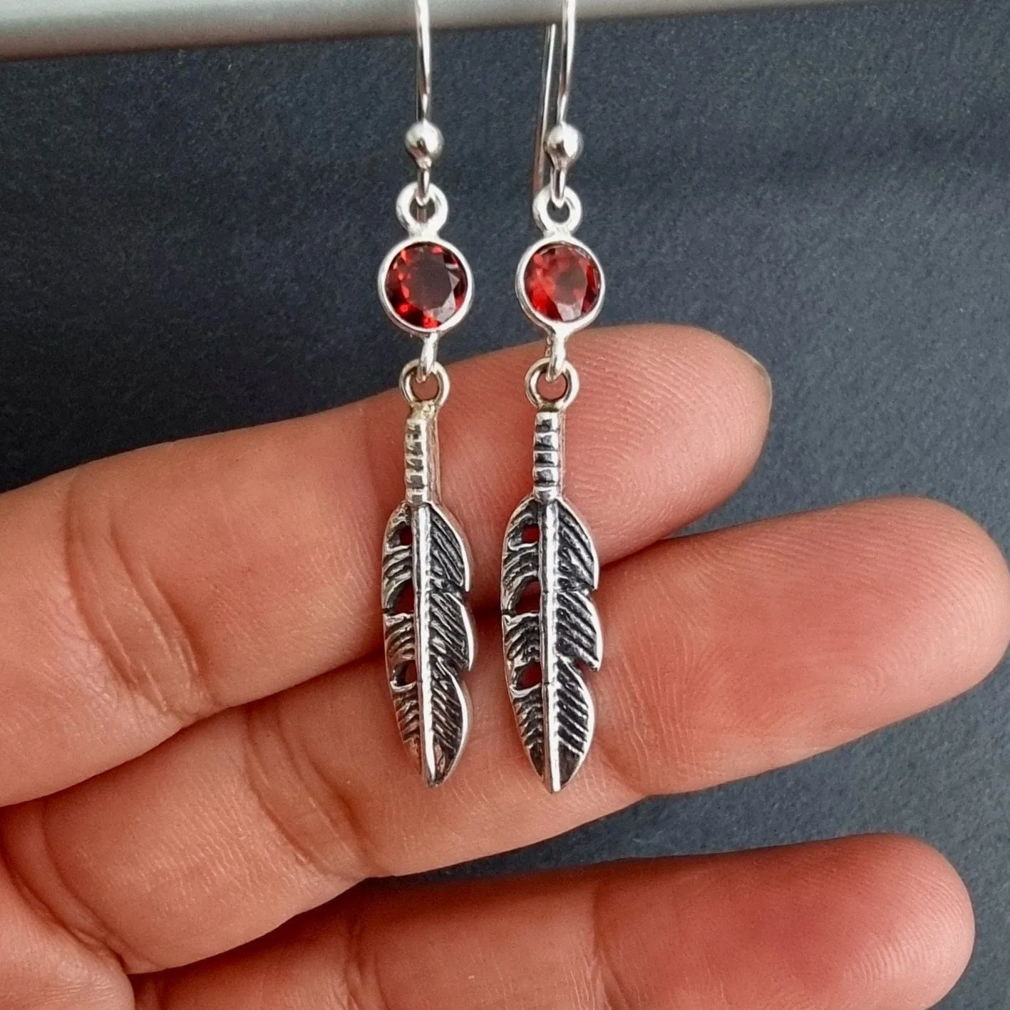 Garnet Feather 925 Sterling Silver Dangly Earrings, E21G