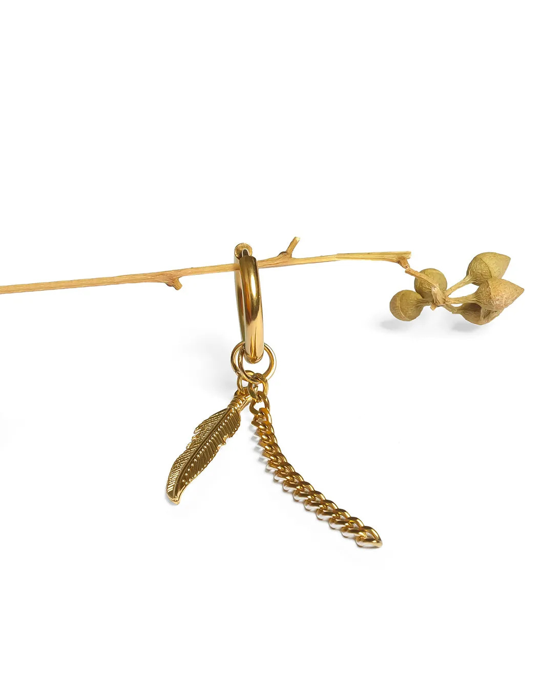 GD Dangling Feather Hoop Earrings Gold Plated