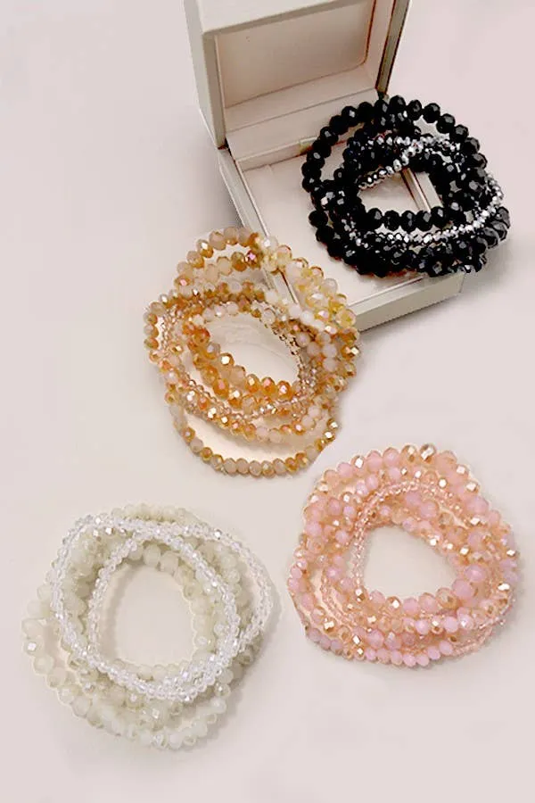 GLASS CRYSTAL BEADED 7 SET STRETCH BRACELET | 40B113: IVORY