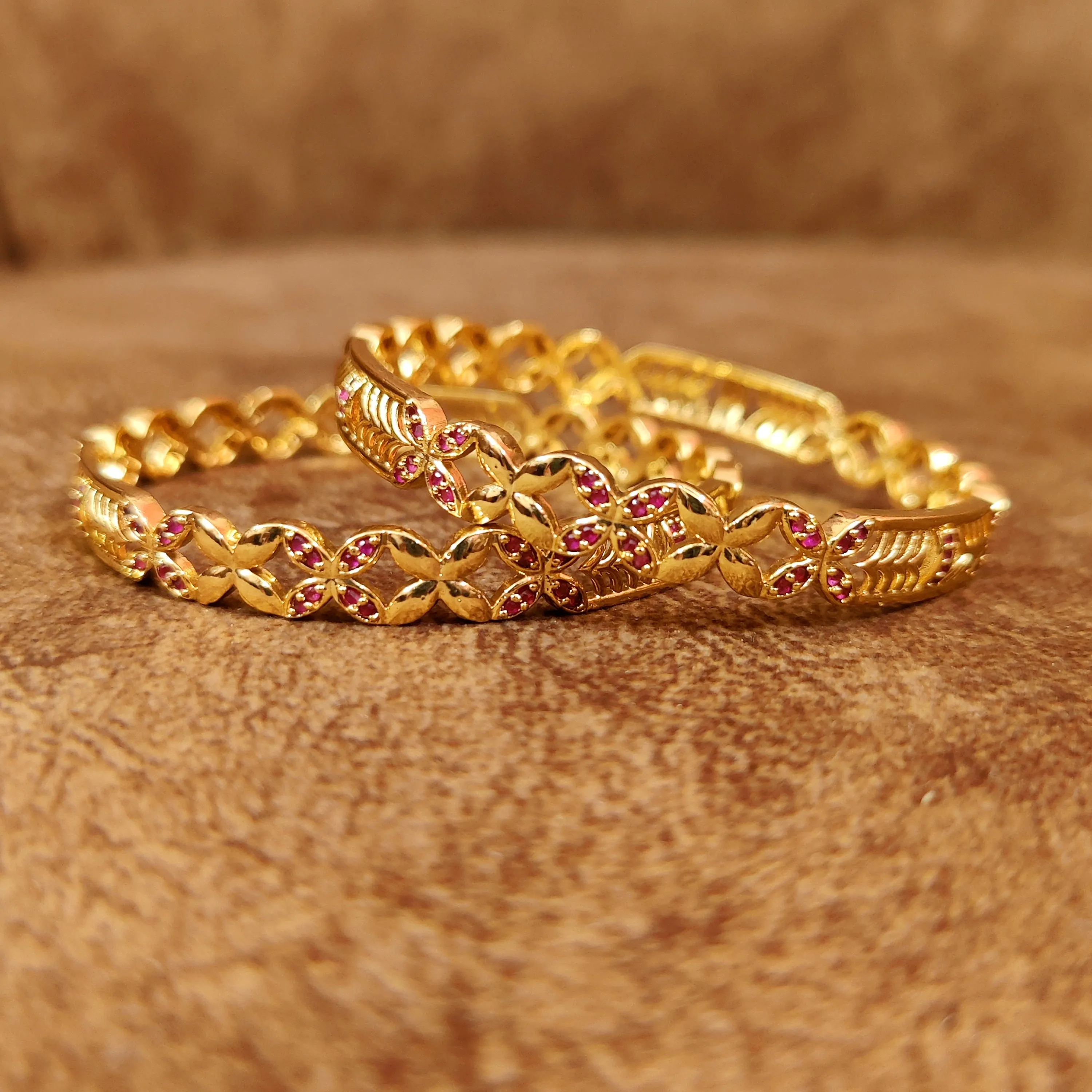 GOLD PATTERN RUBY COLOUR CZ INTRICATE BANGLES