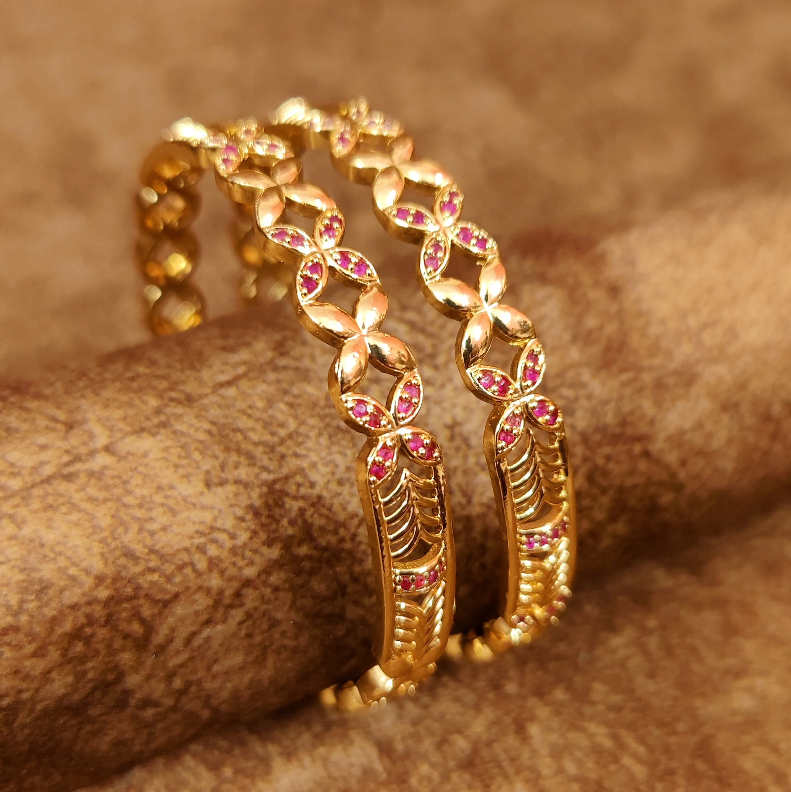 GOLD PATTERN RUBY COLOUR CZ INTRICATE BANGLES
