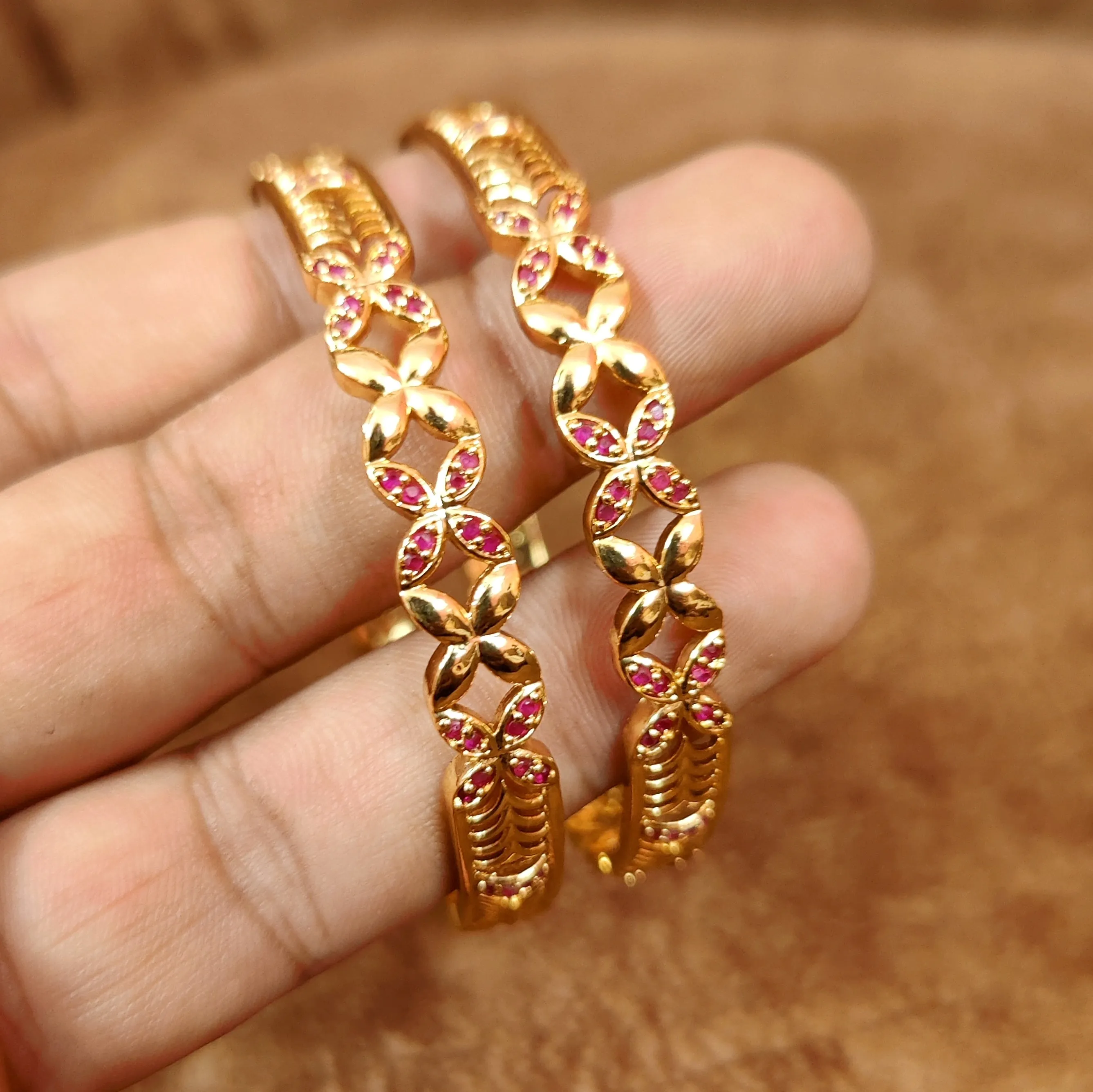 GOLD PATTERN RUBY COLOUR CZ INTRICATE BANGLES