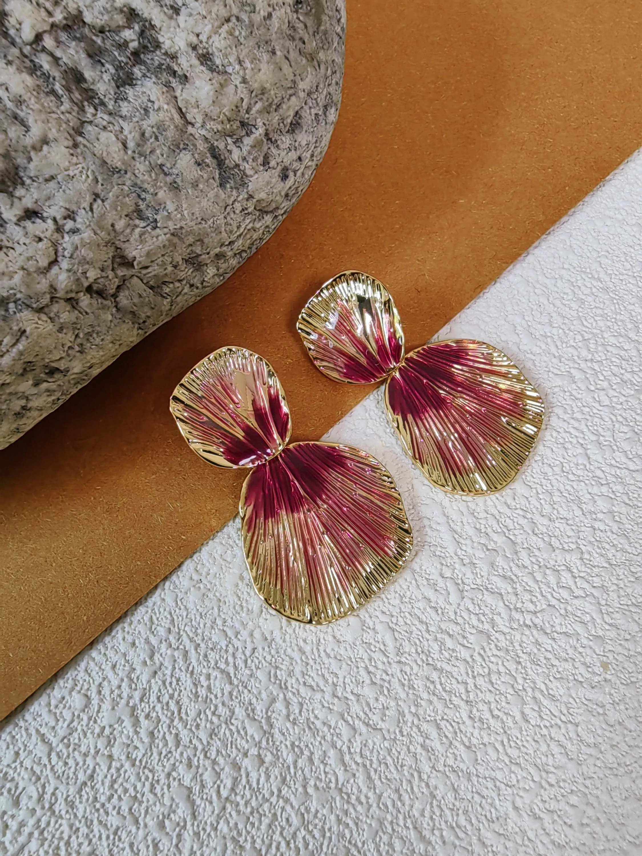Gold Purple Metal Shell Drop Dangle Statement Earrings