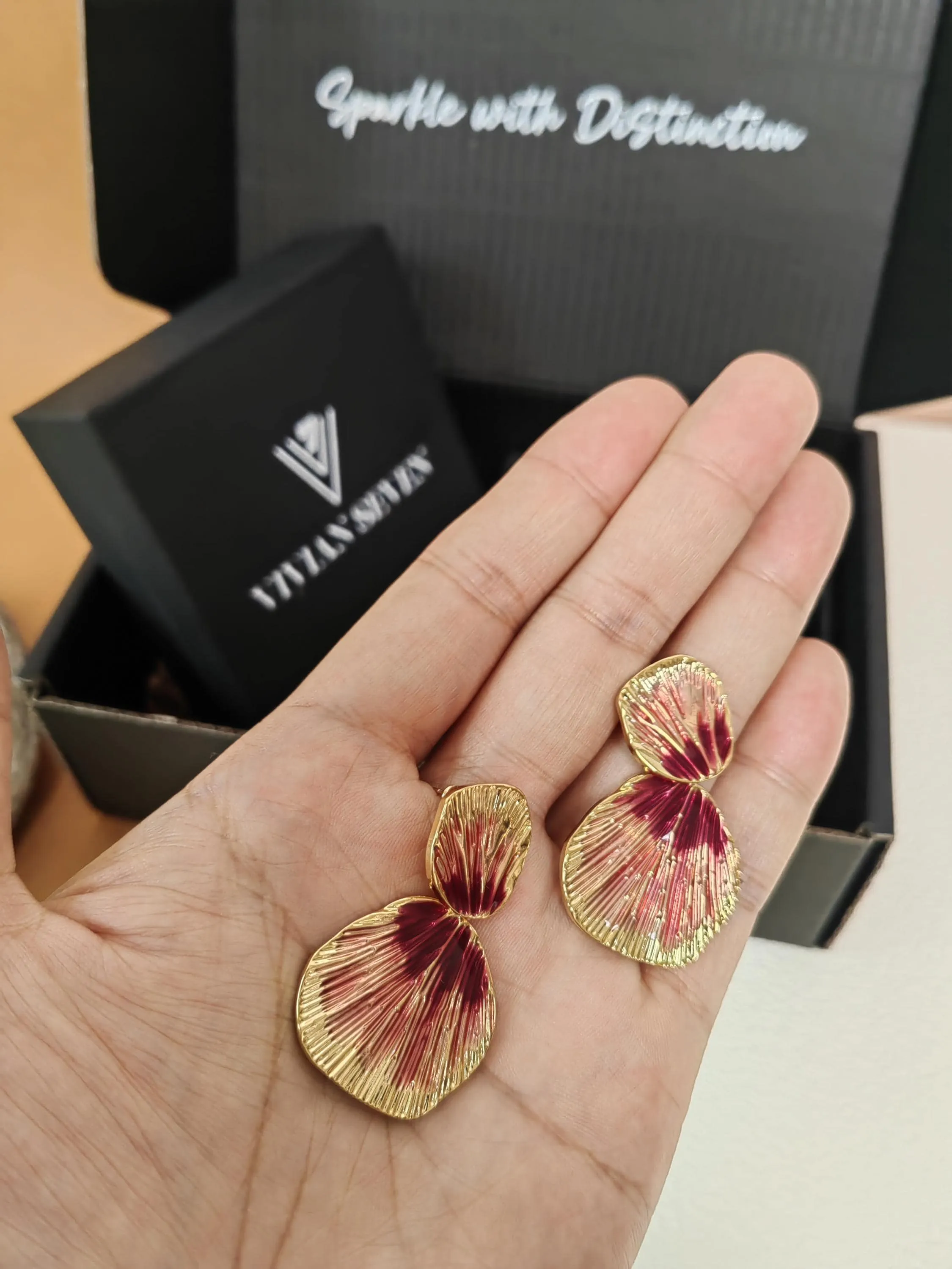 Gold Purple Metal Shell Drop Dangle Statement Earrings