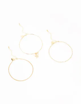 Gold Starfish & Mixed Chain Anklet 3-Pack