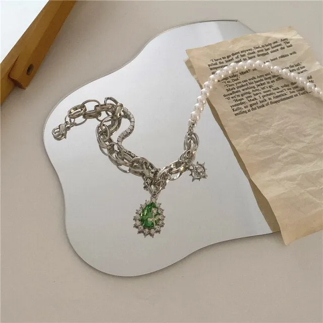Green Rhinestone Pendant Necklace Silver Chain Pearl Water for Women