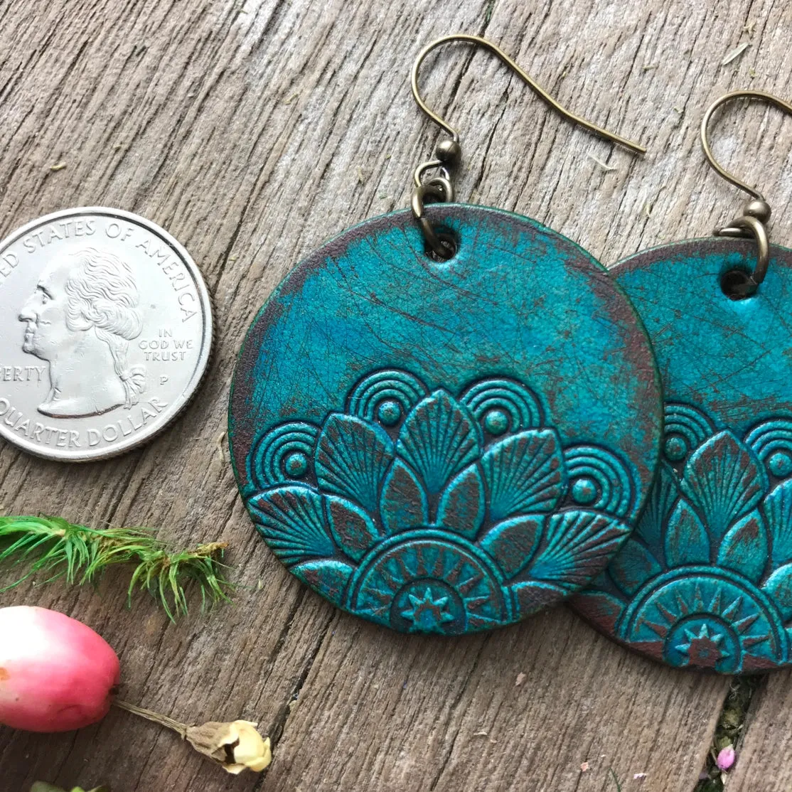 Half Mandala Hand Tooled Leather Earrings