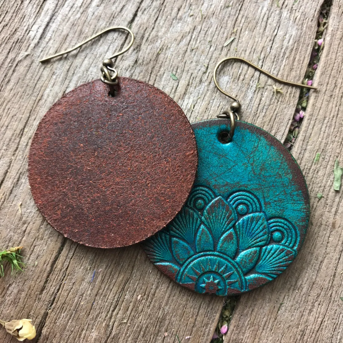 Half Mandala Hand Tooled Leather Earrings