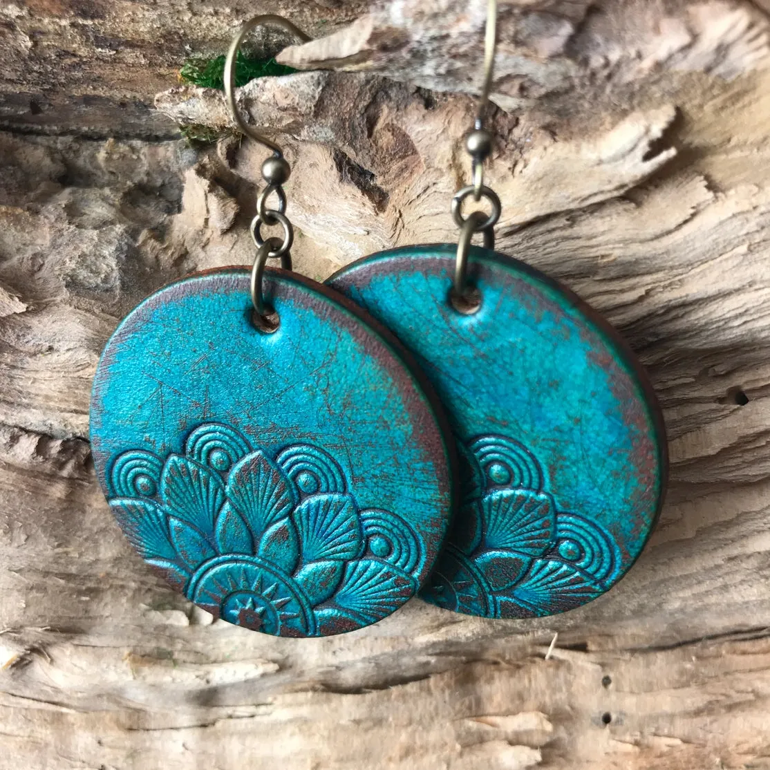 Half Mandala Hand Tooled Leather Earrings