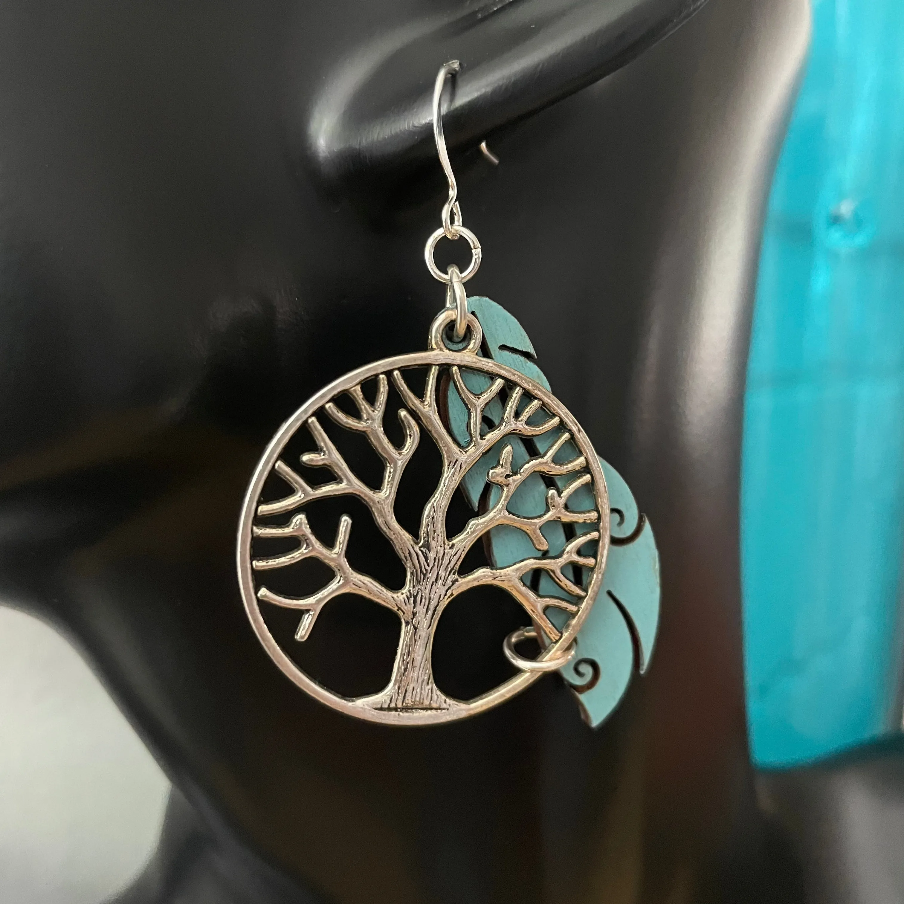 Hand Crafted Antiqued Tree of Life & Hand Stained Turquoise Wood Feather Earrings 2.25” Boho Mixed Metal Women Gift