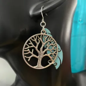 Hand Crafted Antiqued Tree of Life & Hand Stained Turquoise Wood Feather Earrings 2.25” Boho Mixed Metal Women Gift
