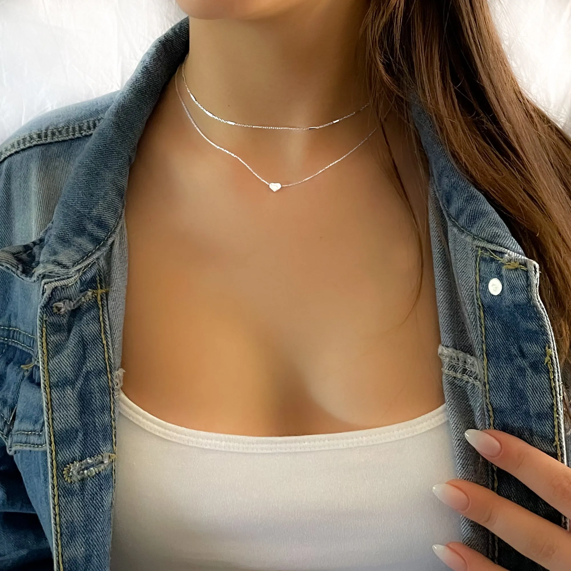 Heart Bead Necklace and Chain Choker Set - 925 Sterling Silver