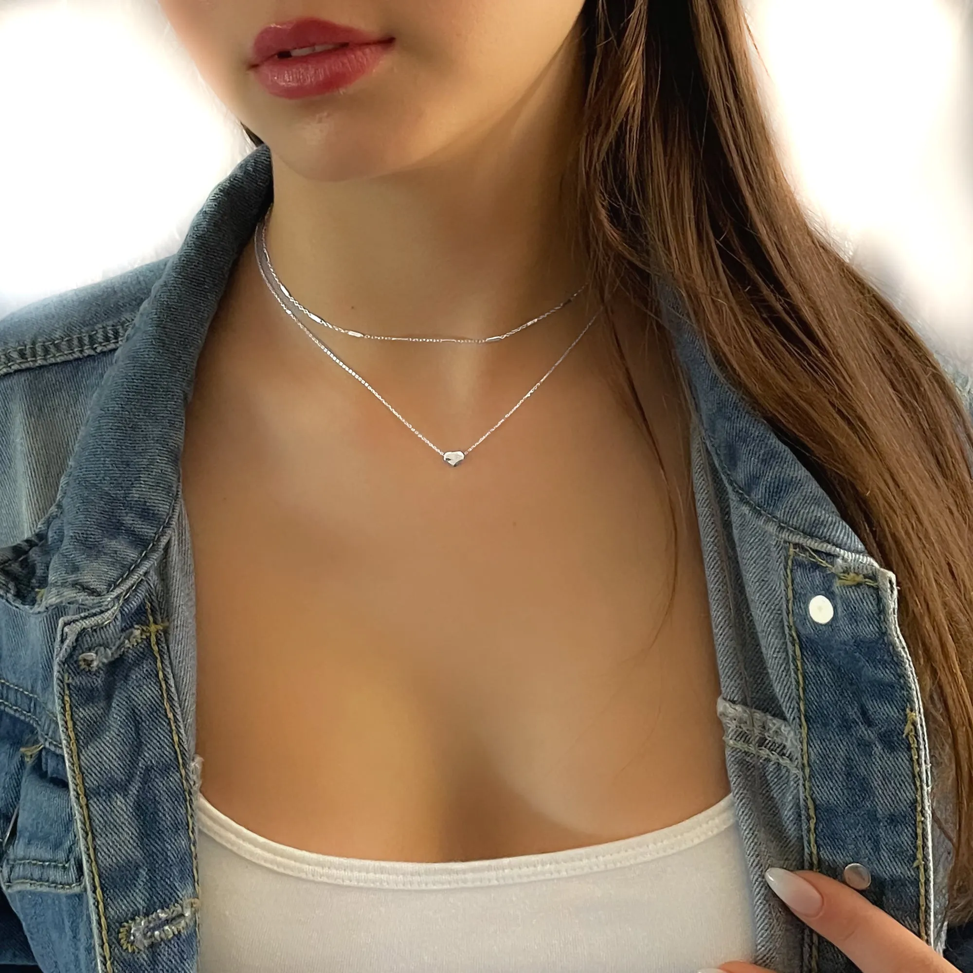 Heart Bead Necklace and Chain Choker Set - 925 Sterling Silver