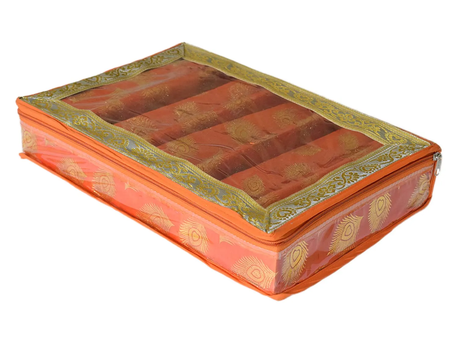 Heart Home Feather Design Laminated 4 Rod Box, Organizer For Bangle, Watches, Bracelets, Jewellery With Tranasparent Top (Orange)-47HH0158