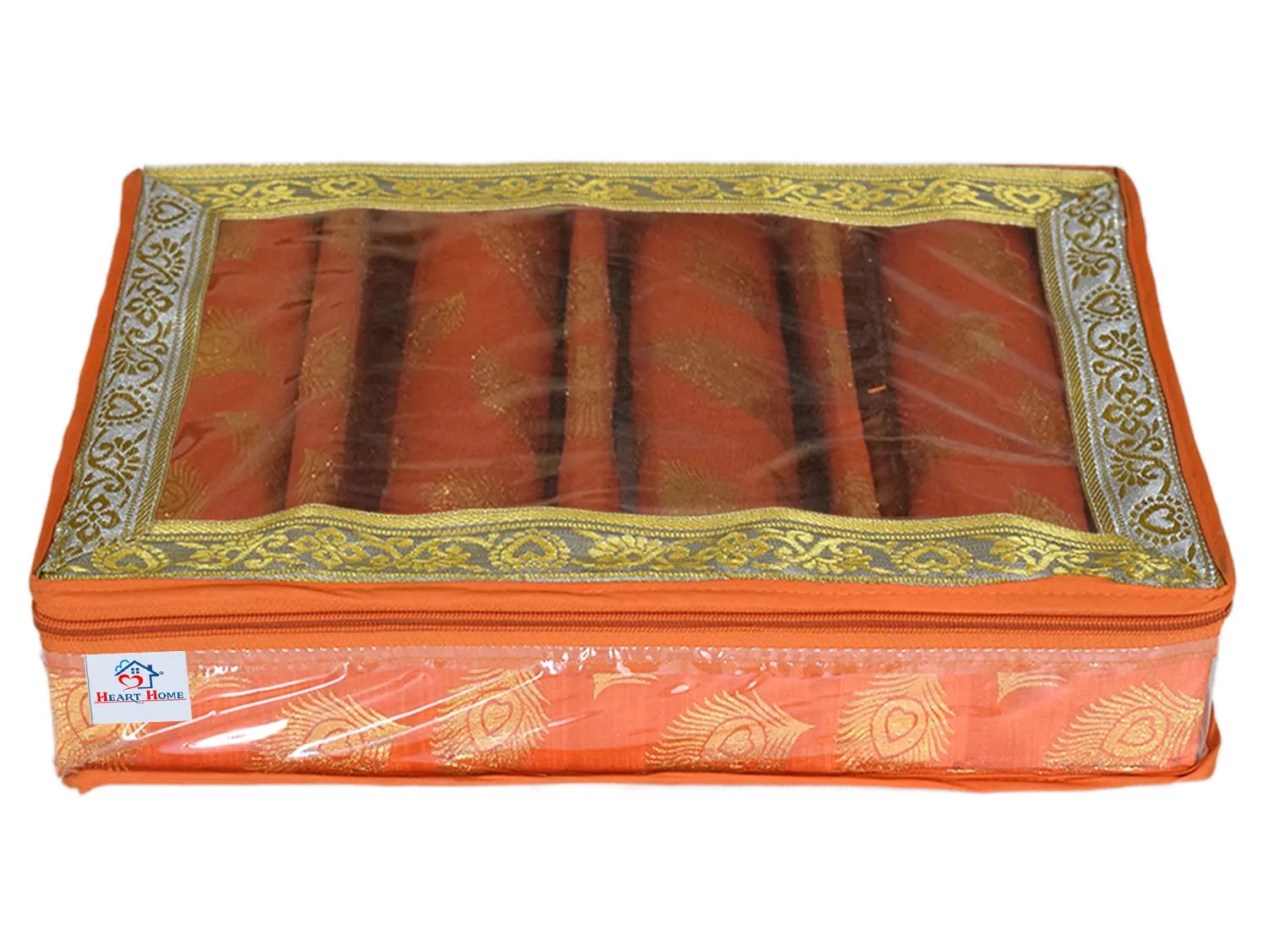 Heart Home Feather Design Laminated 4 Rod Box, Organizer For Bangle, Watches, Bracelets, Jewellery With Tranasparent Top (Orange)-47HH0158