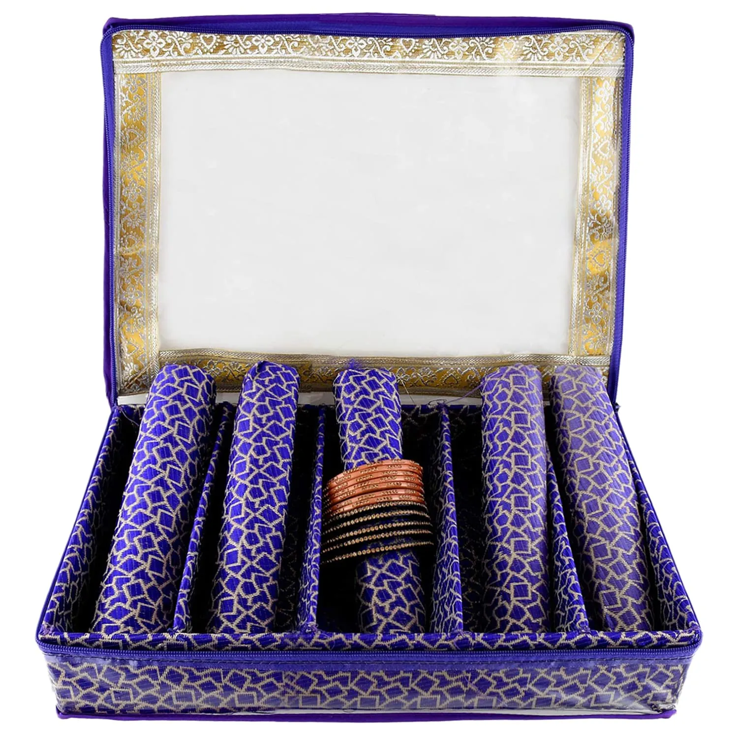 Heart Home Multipurpose Multi Saqare Design Laminated 5 Rod Bangle Box/Organizer/Case With Tranasparent Top (Purple)-47HH0353