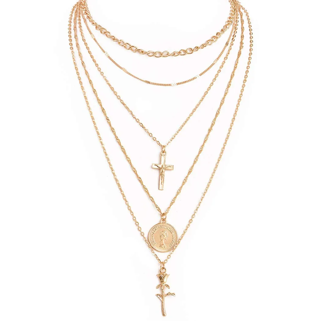 Holy Layered Cross Gold Coin Chain Rose Flower Pendant Necklace
