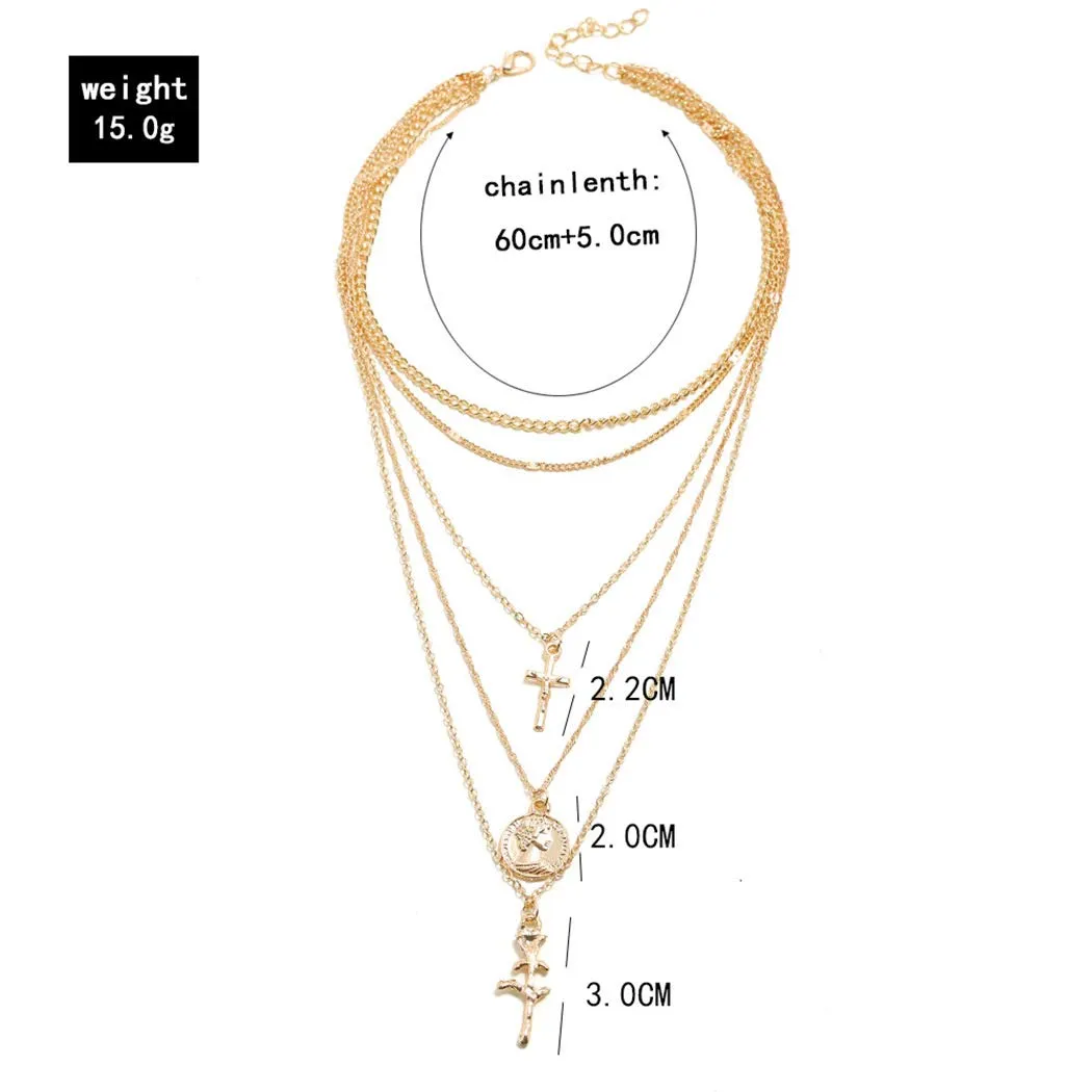 Holy Layered Cross Gold Coin Chain Rose Flower Pendant Necklace