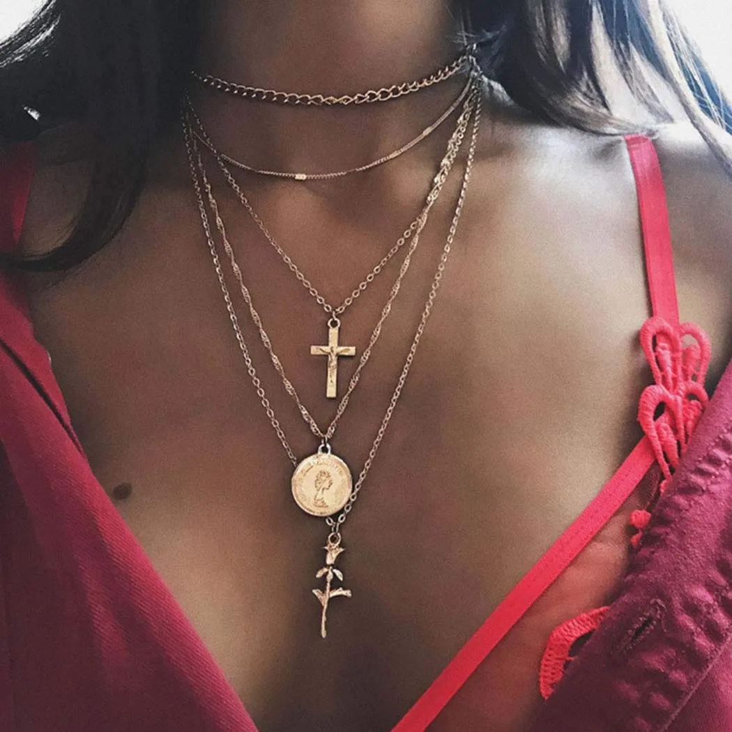 Holy Layered Cross Gold Coin Chain Rose Flower Pendant Necklace