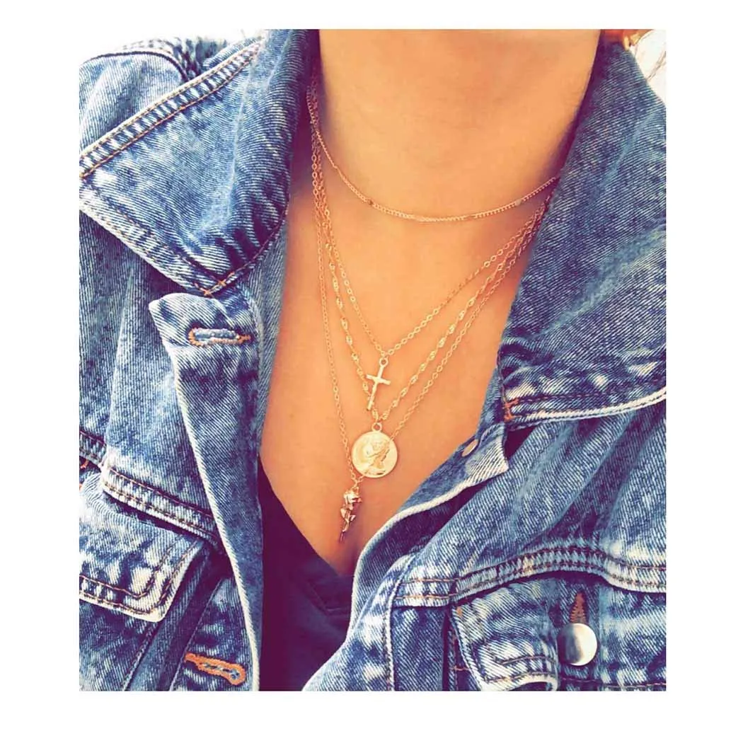 Holy Layered Cross Gold Coin Chain Rose Flower Pendant Necklace