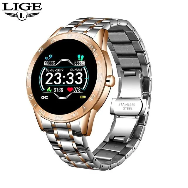 LIGE Steel Band Smart Watch Men Heart Rate Blood Pressure Monitor Sport Multifunction Mode Fitness Tracker Waterproof Smartwatch