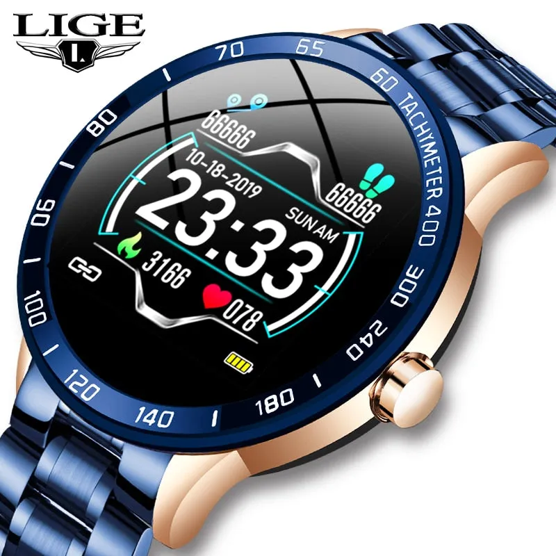 LIGE Steel Band Smart Watch Men Heart Rate Blood Pressure Monitor Sport Multifunction Mode Fitness Tracker Waterproof Smartwatch