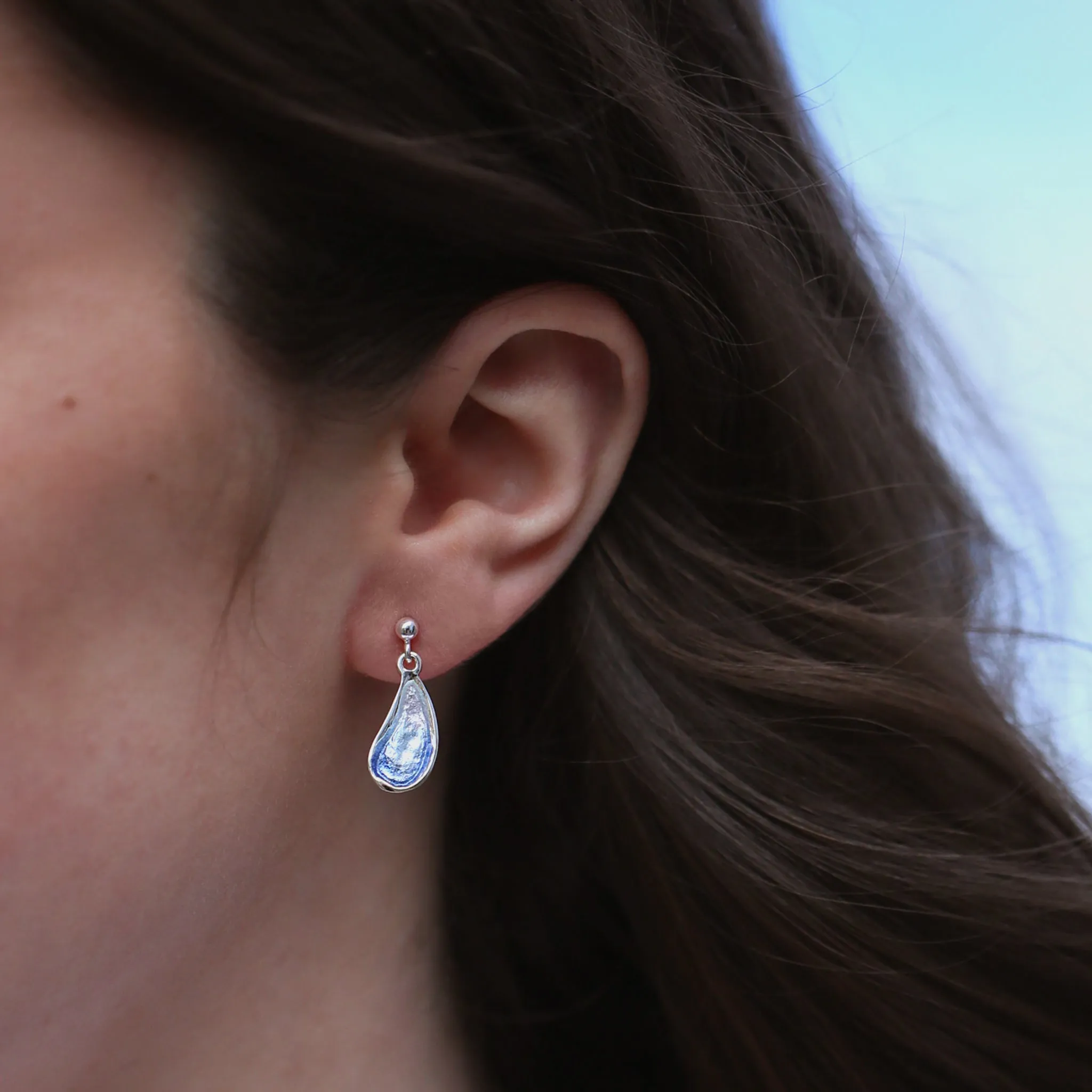 Mussel Small Drop Earrings in Mussel Blue Enamel