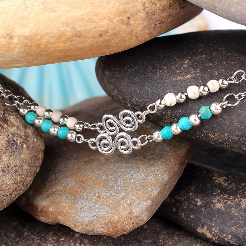 Natural Turquoises Beaded Anklets Spiral Alloy Guru Anklet Chain