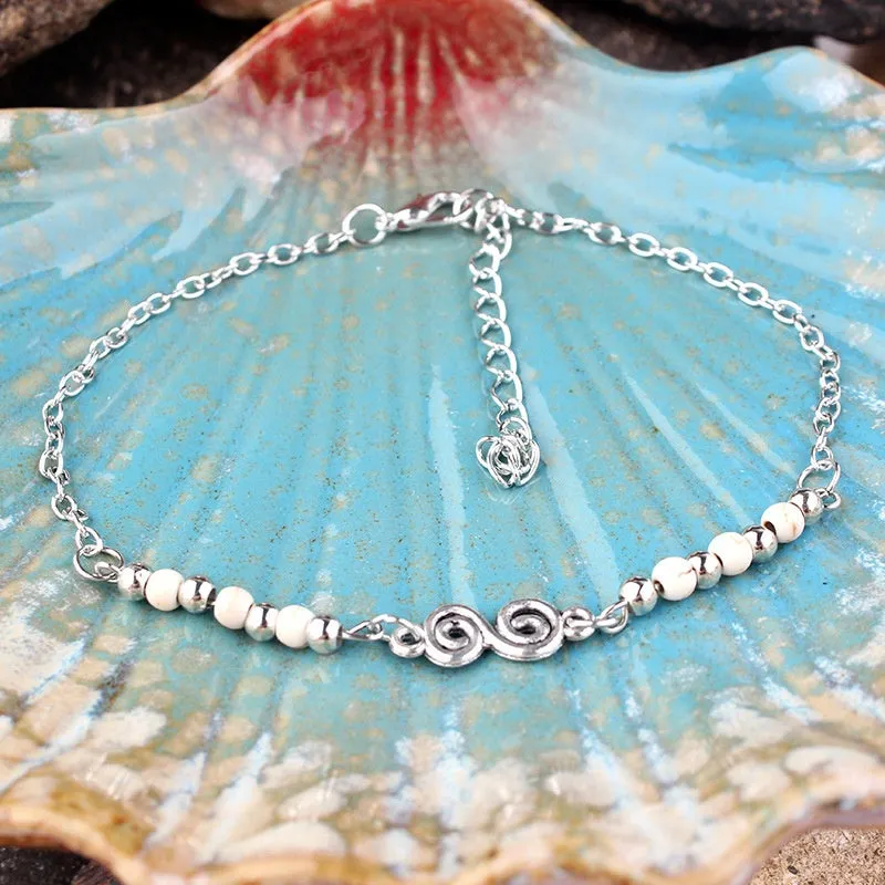 Natural Turquoises Beaded Anklets Spiral Alloy Guru Anklet Chain