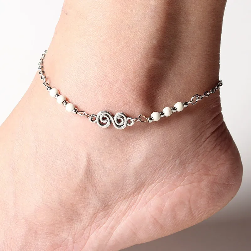 Natural Turquoises Beaded Anklets Spiral Alloy Guru Anklet Chain