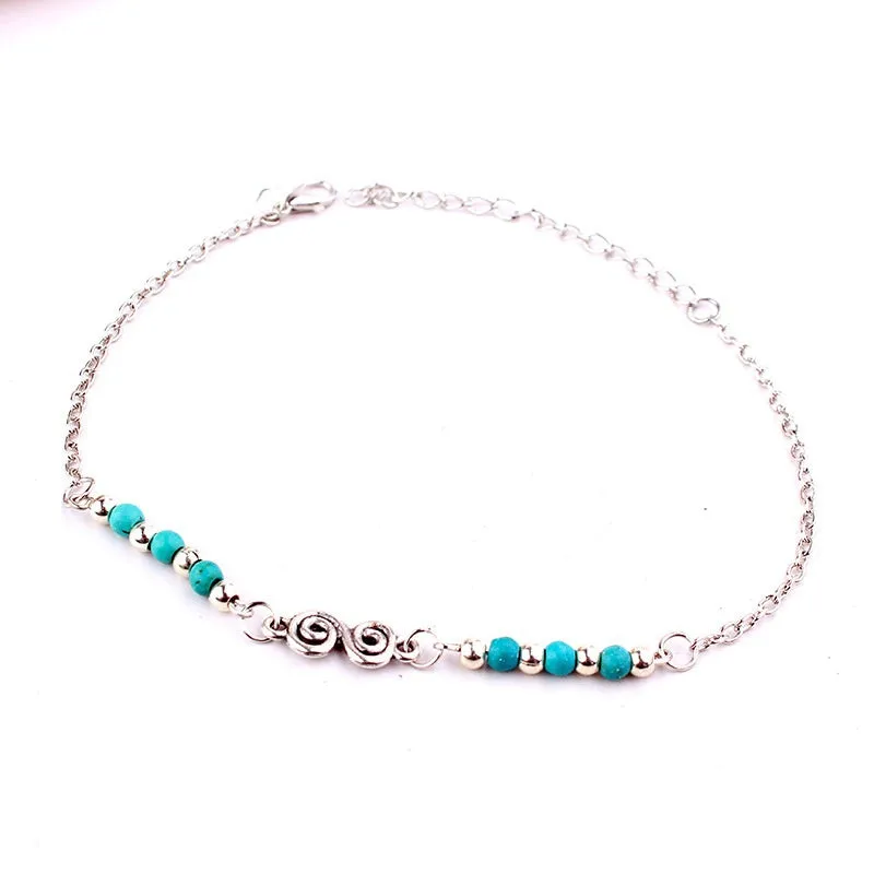 Natural Turquoises Beaded Anklets Spiral Alloy Guru Anklet Chain