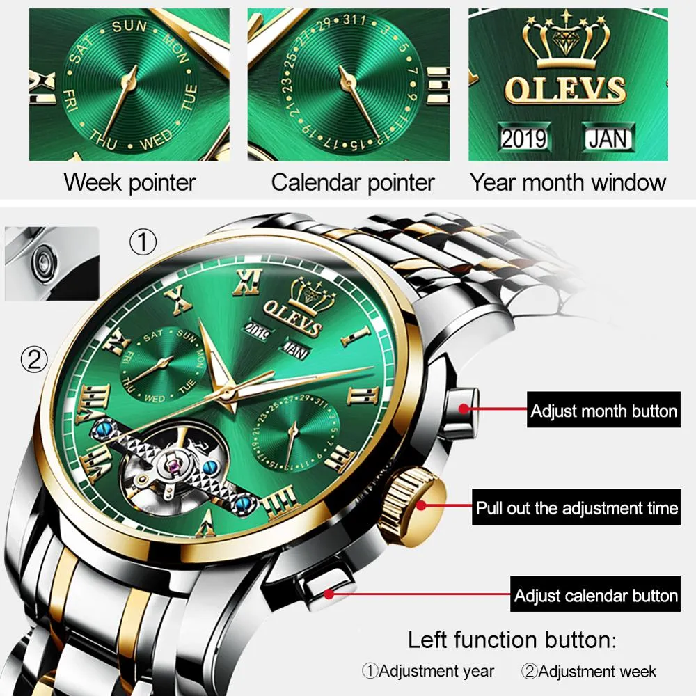 Olevs Top Brand Men Watch Automatic Mechanical Watch Dress Luxury Moon
