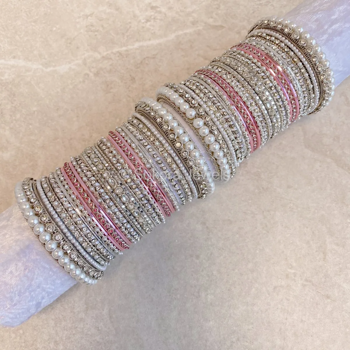 Pearly Bridal Bangle Set- Pink & Silver