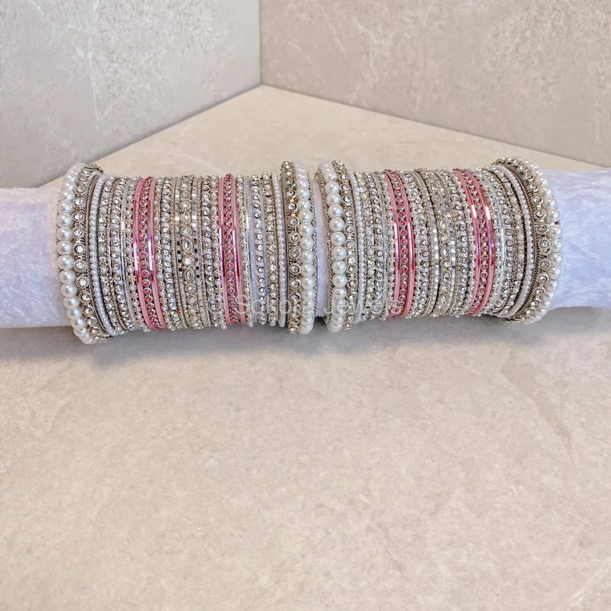 Pearly Bridal Bangle Set- Pink & Silver