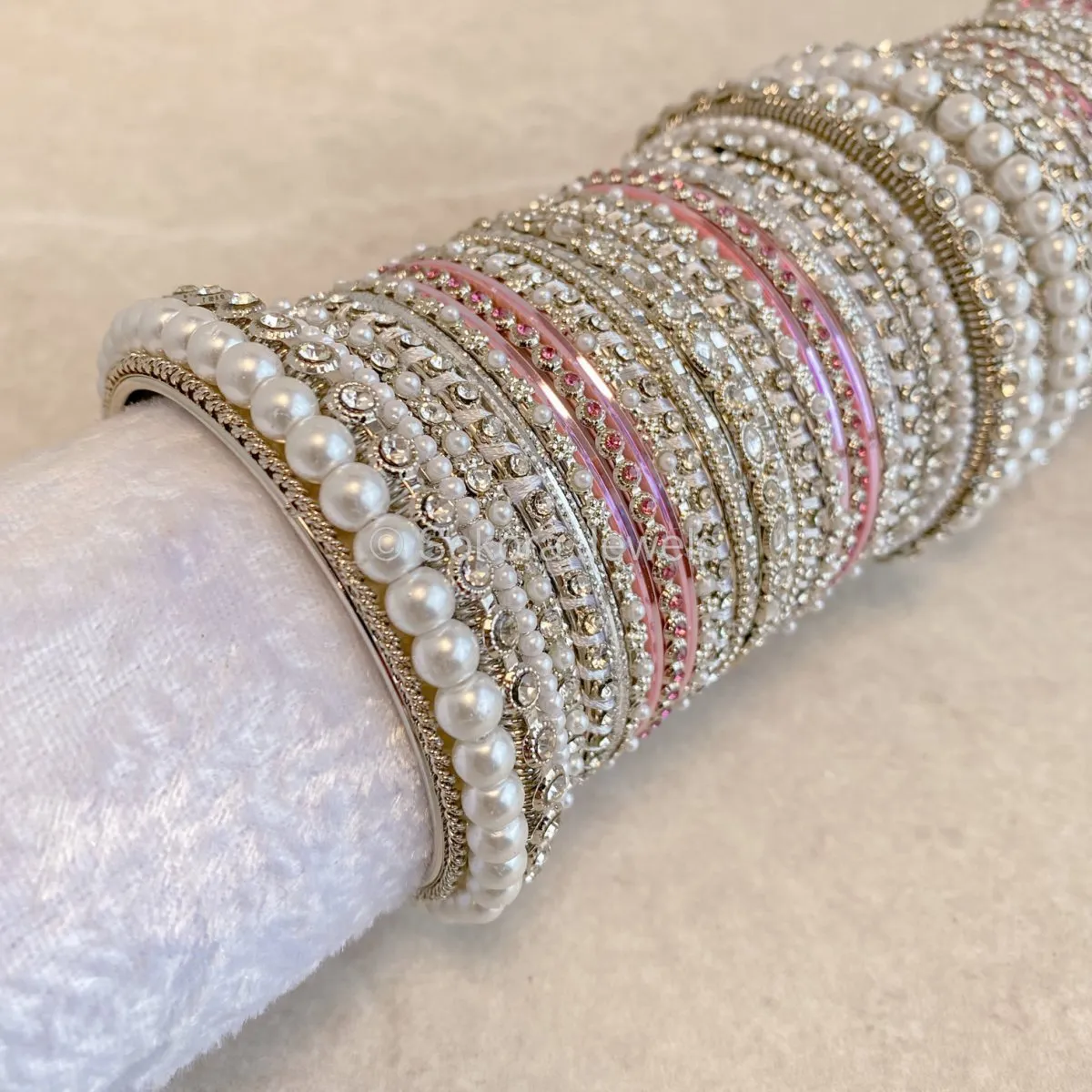 Pearly Bridal Bangle Set- Pink & Silver