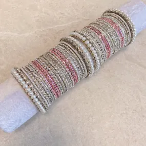 Pearly Bridal Bangle Set- Pink & Silver