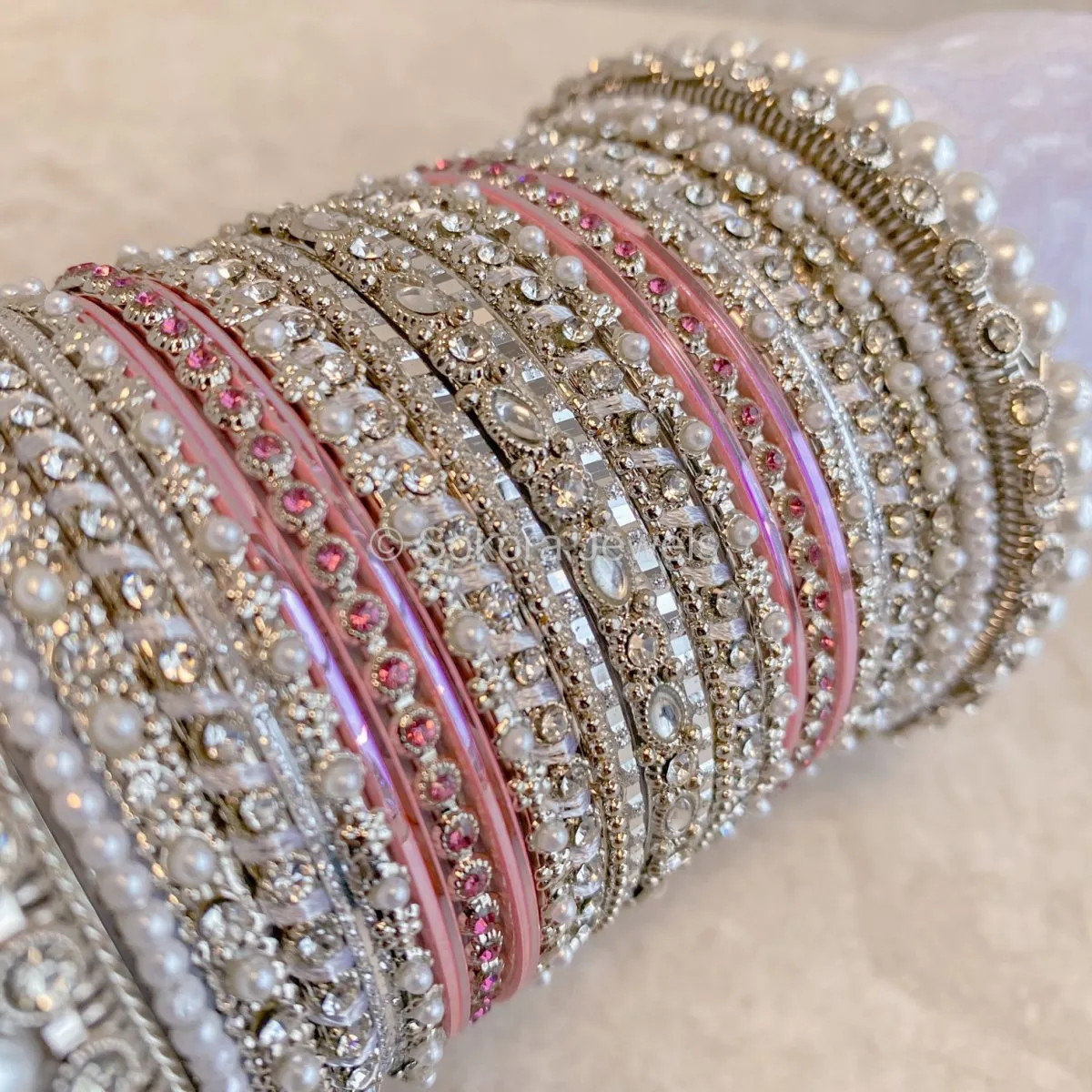 Pearly Bridal Bangle Set- Pink & Silver