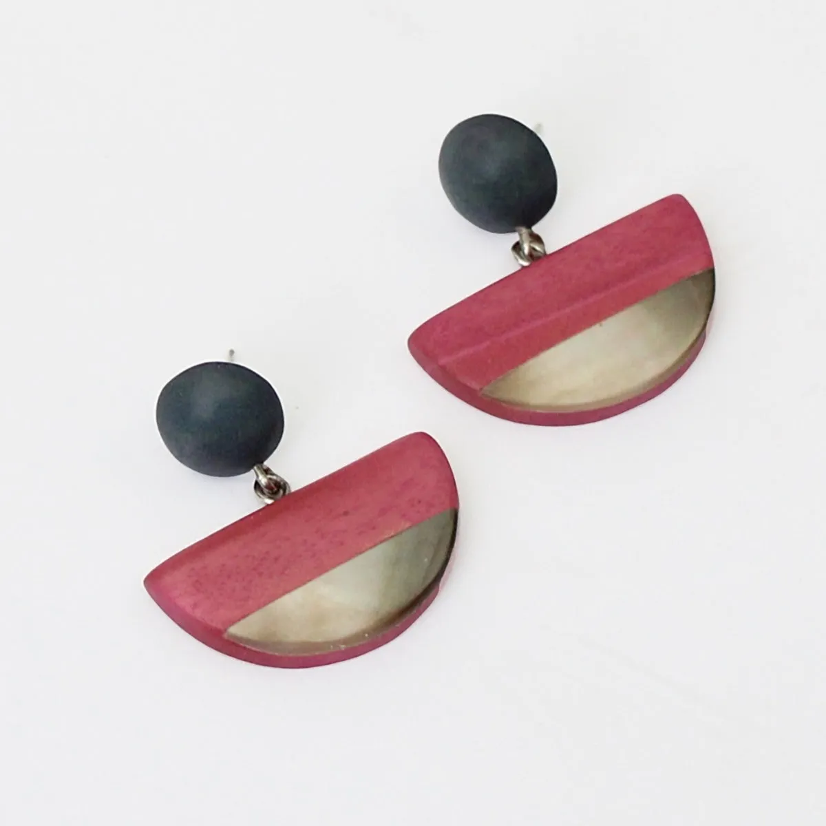 Pink Wood and Shell Half Moon Earrings