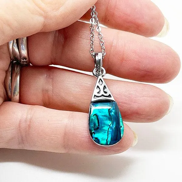 Pretty Paua Shell Drop Necklace with Filigree Top