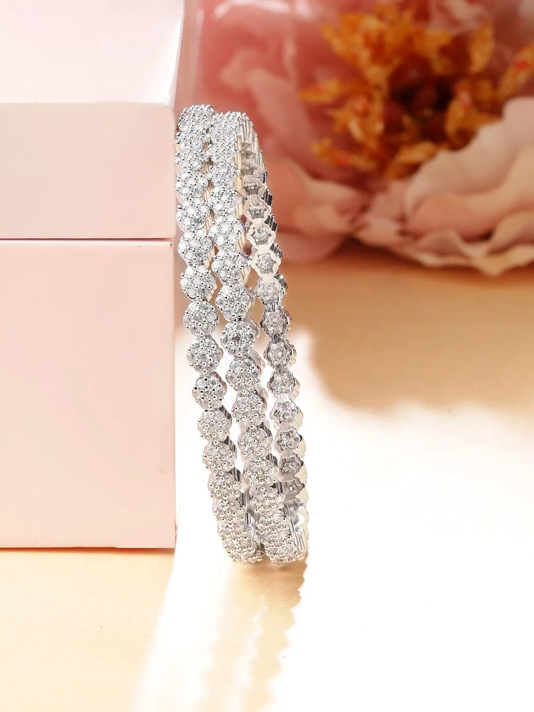 Rubans Set of 2 Silver-Plated Zirconia Stone Studded Bangles