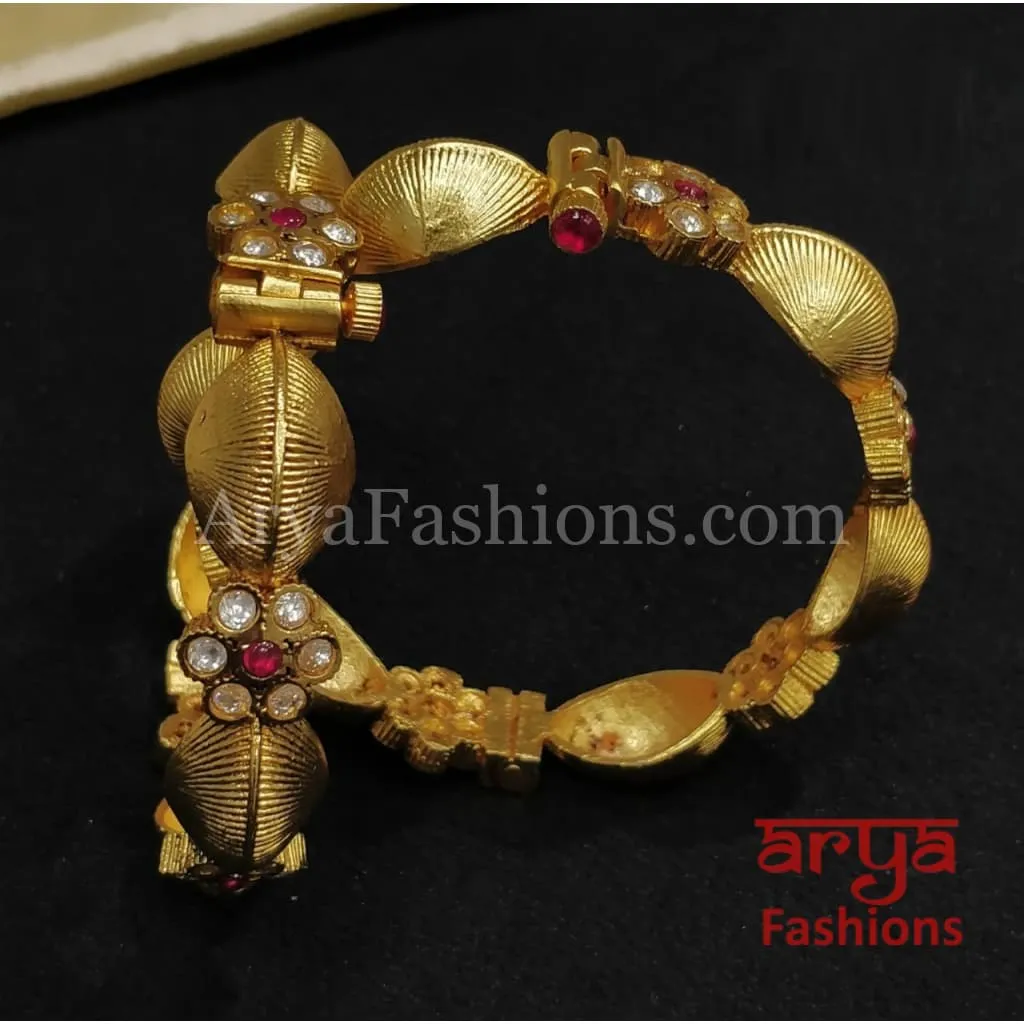 Ruby Kundan Kada Bangles with Cubic Zirconia Stones, Pair of 2 Bangles