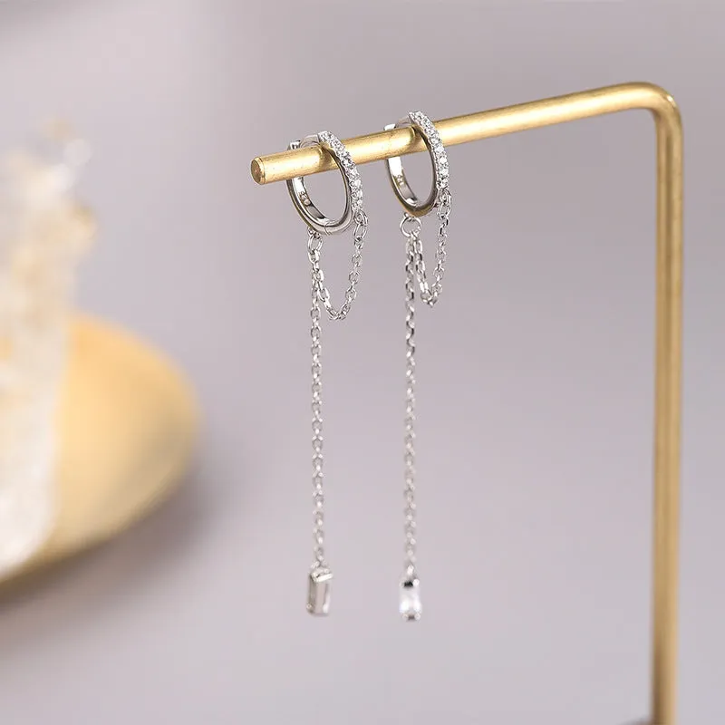 S925 Silver Circle Chain Zirconia Drop Earrings