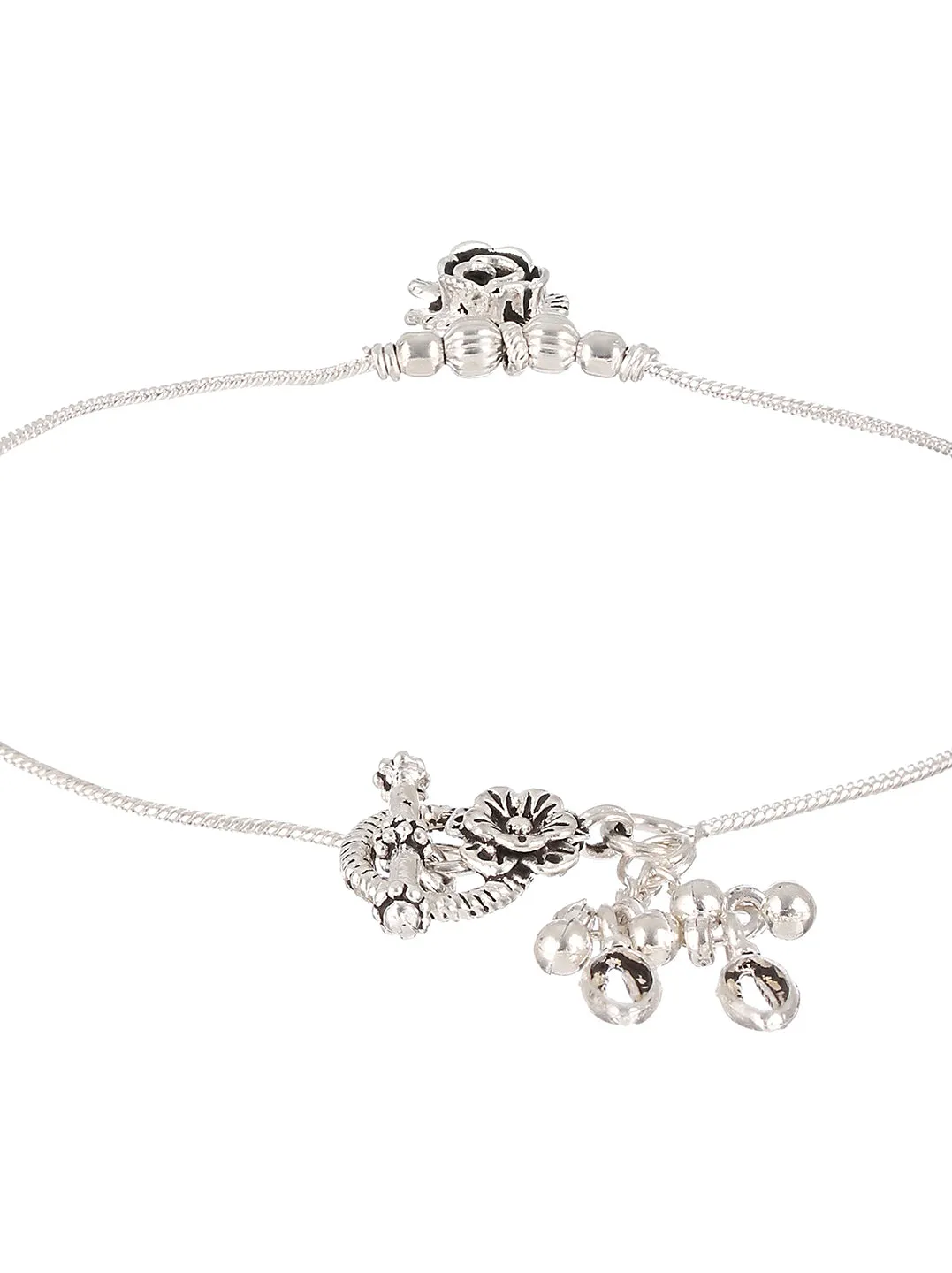 Set Of 2 Oxidized Silver-Plated Rose Motif Anklets With Ghungroo Detail