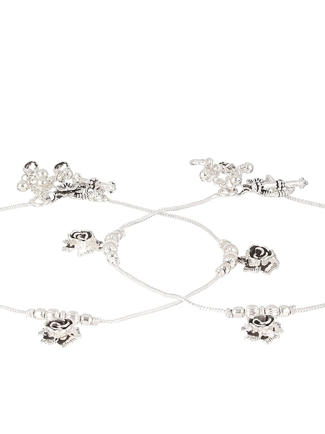 Set Of 2 Oxidized Silver-Plated Rose Motif Anklets With Ghungroo Detail