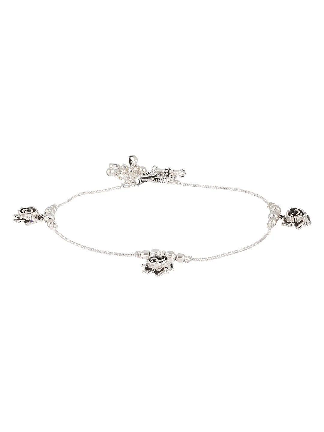 Set Of 2 Oxidized Silver-Plated Rose Motif Anklets With Ghungroo Detail
