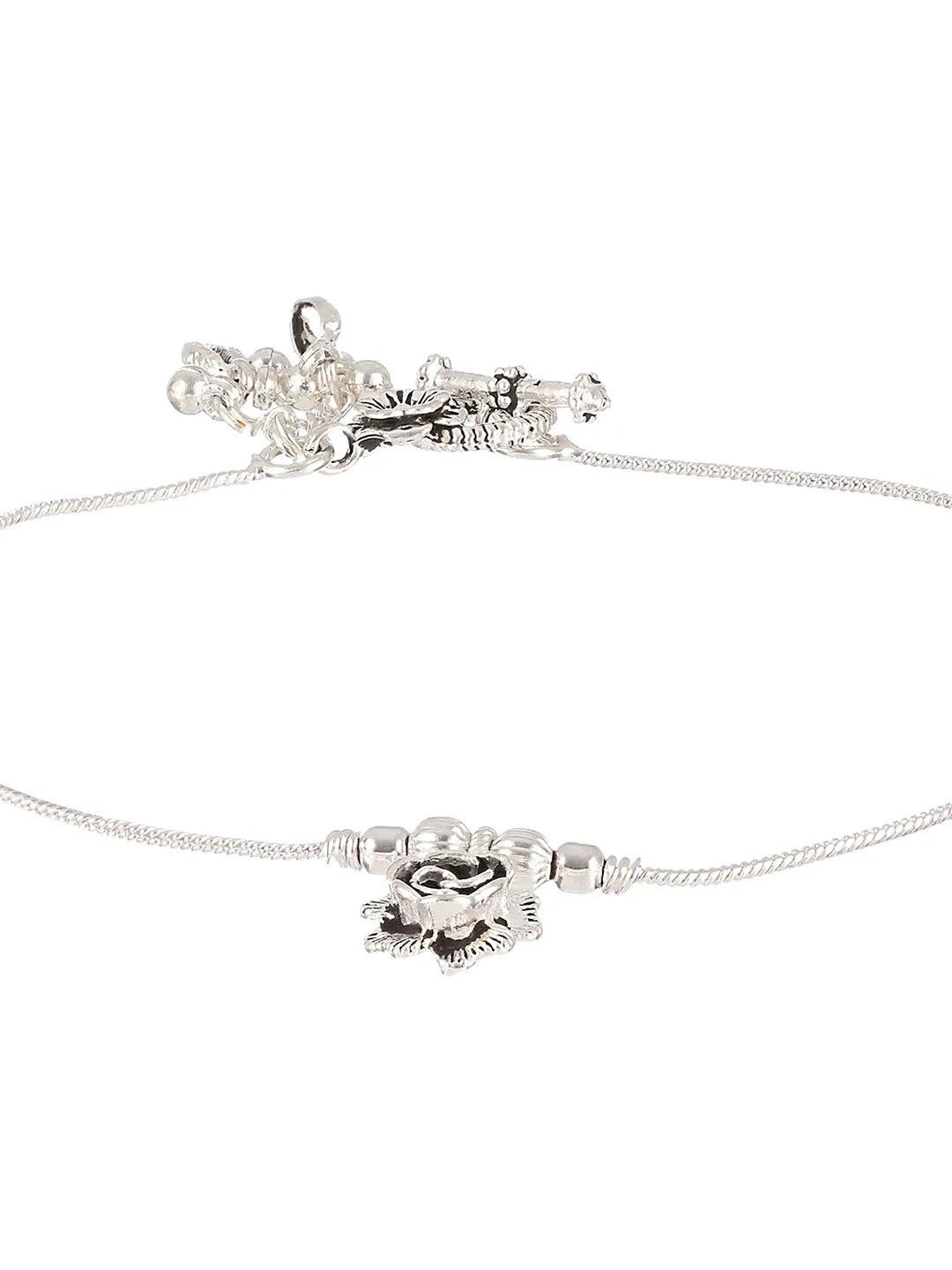 Set Of 2 Oxidized Silver-Plated Rose Motif Anklets With Ghungroo Detail