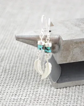 Silver and turquoise boho earrings, sterling silver feather long dangle earrings