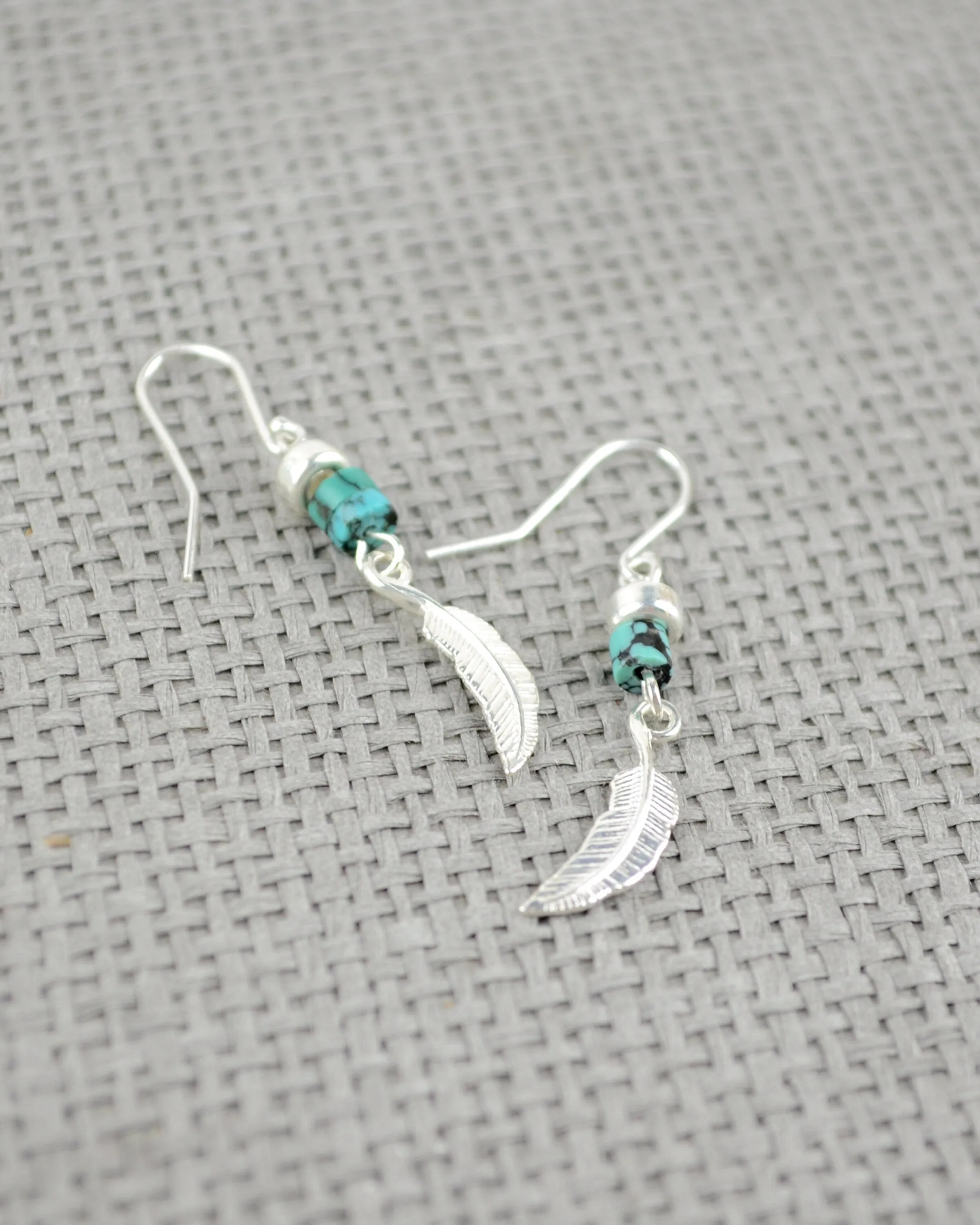 Silver and turquoise boho earrings, sterling silver feather long dangle earrings