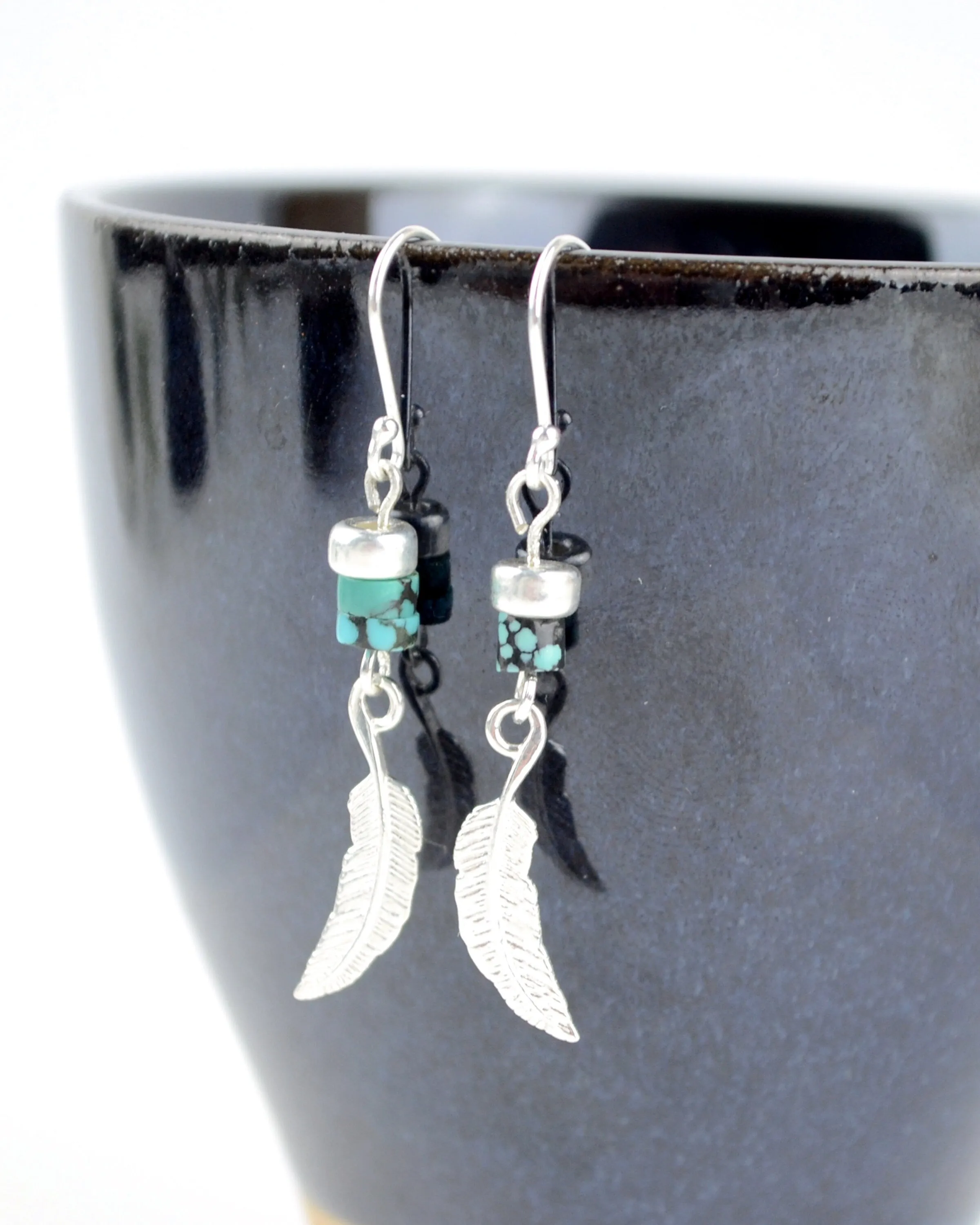 Silver and turquoise boho earrings, sterling silver feather long dangle earrings