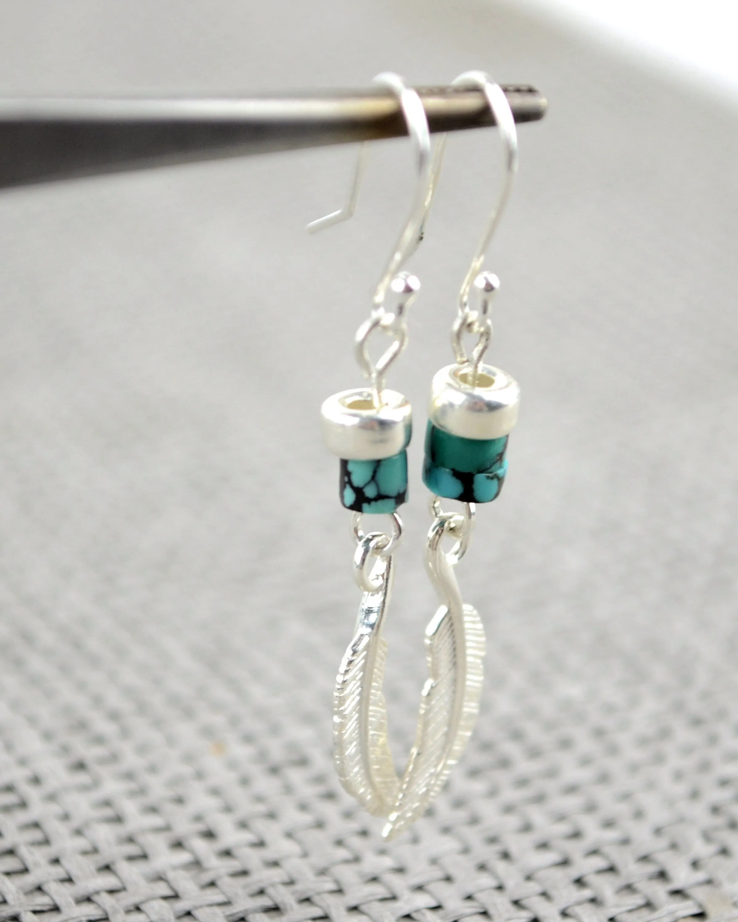 Silver and turquoise boho earrings, sterling silver feather long dangle earrings